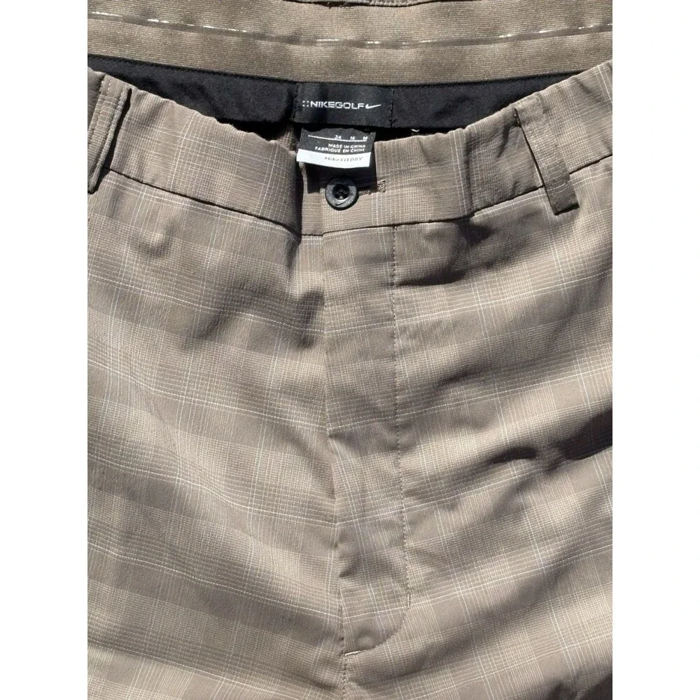 Nike Golf Dri-Fit Shorts Men’s 34x10 Brown Plaid Logo Swoosh Performance
